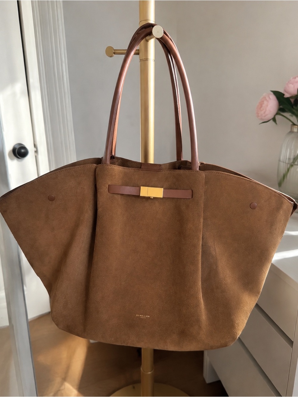 DeMellier Brown Suede Tote with Leather Handles and Gold Accent